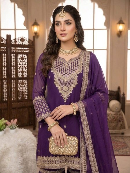 Purple Georgette Sharara Suit Set with Sequence Embroidery for Women Ready To Wear Collection