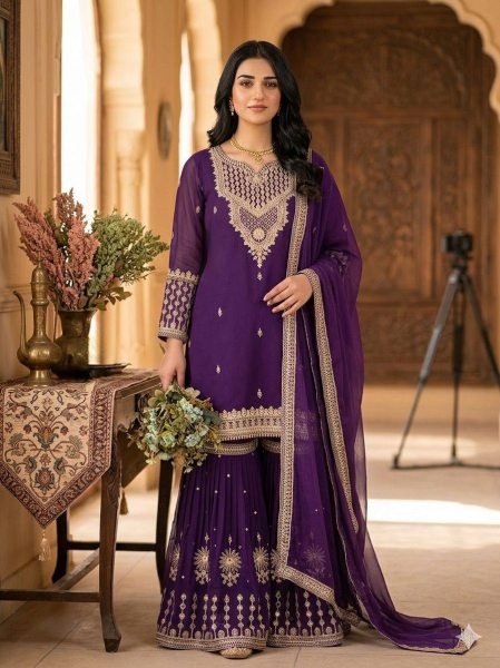 Purple Georgette Sharara Suit Set with Sequence Embroidery for Women Ready To Wear Collection