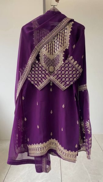 Purple Georgette Sharara Suit Set with Sequence Embroidery for Women Ready To Wear Collection