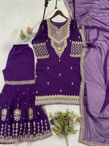 Purple Georgette Sharara Suit Set with Sequence Embroidery for Women Ready To Wear Collection