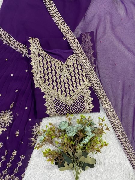 Purple Georgette Sharara Suit Set with Sequence Embroidery for Women Ready To Wear Collection