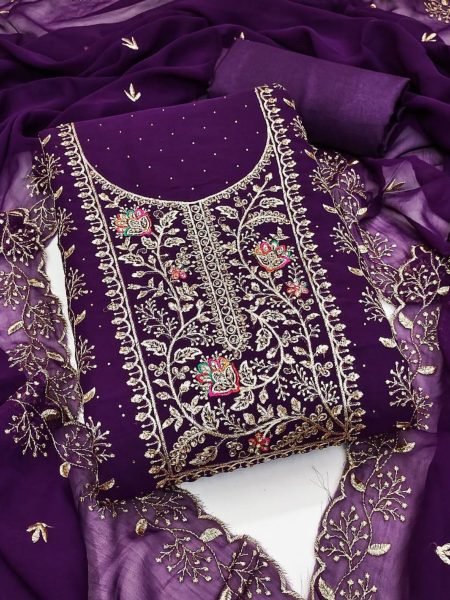 Purple Georgette Suit with Floral and Diamond Work Ethnic Style for Festivals at Wholesale Rate Dress Material 