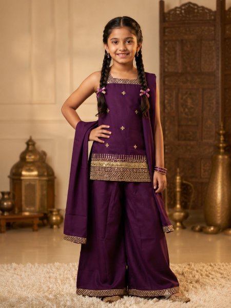 Purple Girls Heavy Crepe Sequins Embroidered Top Palazzo with Dupatta Set Kurtis