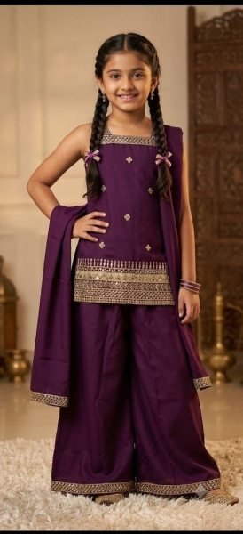 Purple Girls Heavy Crepe Sequins Embroidered Top Palazzo with Dupatta Set Girls Wear