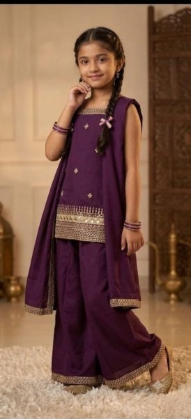 Purple Girls Heavy Crepe Sequins Embroidered Top Palazzo with Dupatta Set Girls Wear