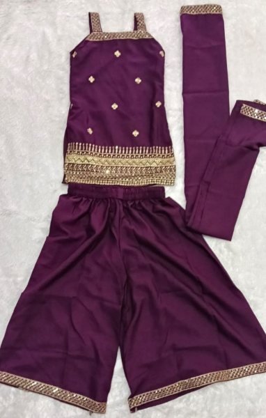 Purple Girls Heavy Crepe Sequins Embroidered Top Palazzo with Dupatta Set Girls Wear
