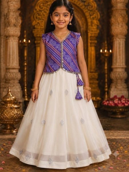 Purple Girls Pure Simar Lehenga Choli with Embroidered Jacket and Sequins Work Kurtis