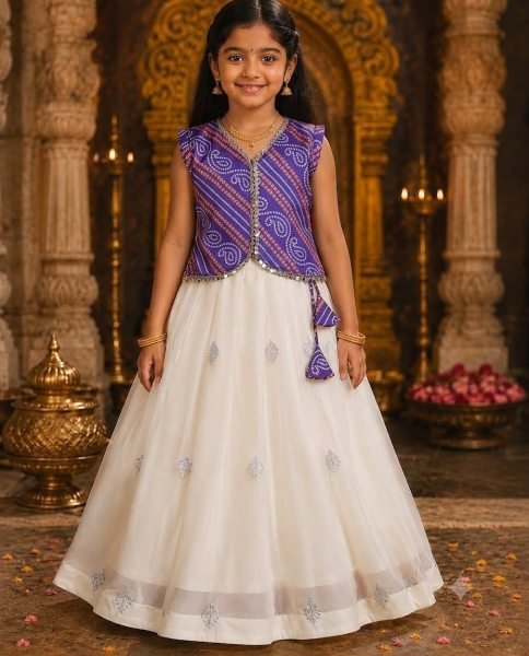 Purple Girls Pure Simar Lehenga Choli with Embroidered Jacket and Sequins Work Girls Wear