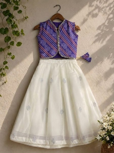 Purple Girls Pure Simar Lehenga Choli with Embroidered Jacket and Sequins Work Girls Wear