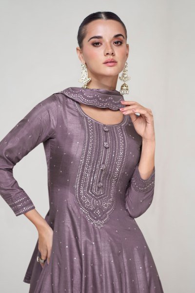 Purple Gray Anarkali Gown Suit For Indian Festivals   Weddings   Embroidery Work Anarakali Gown Wholesale