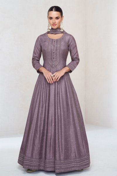 Purple Gray Anarkali Gown Suit For Indian Festivals   Weddings   Embroidery Work Anarakali Gown Wholesale