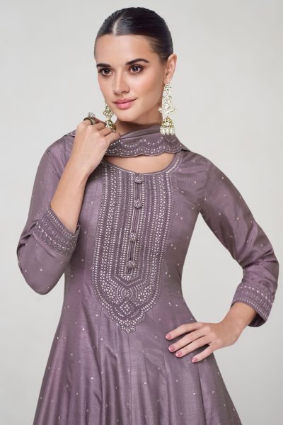 Purple Gray Anarkali Gown Suit For Indian Festivals   Weddings   Embroidery Work Anarakali Gown Wholesale