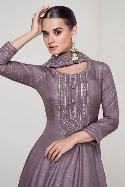 Purple Gray Anarkali Gown Suit For Indian Festivals   Weddings   Embroidery Work Anarakali Gown Wholesale
