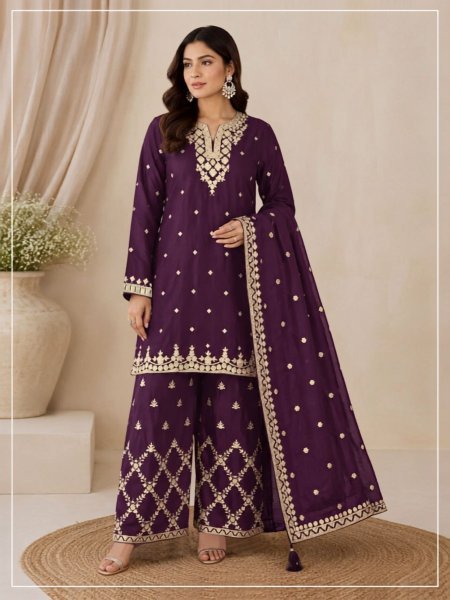 Purple Heavy Chinon Semi Stitched Salwar Suit with Embroidery and Matching Chinon Dupatta 