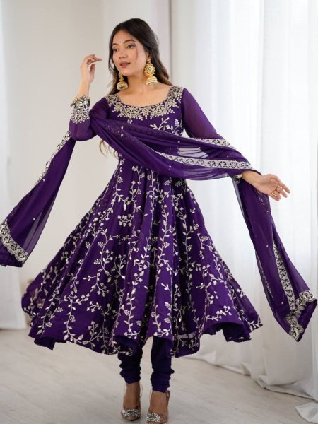 Purple Heavy Faux Georgette Embroidery and Lace Work Gown with Churidar Exclusive Festive Collection  Ready To Wear Suit