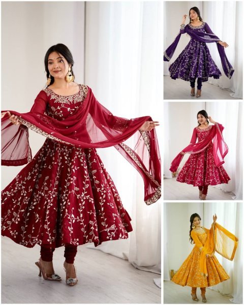 Purple Heavy Faux Georgette Embroidery and Lace Work Gown with Churidar Exclusive Festive Collection  Ready To Wear Collection