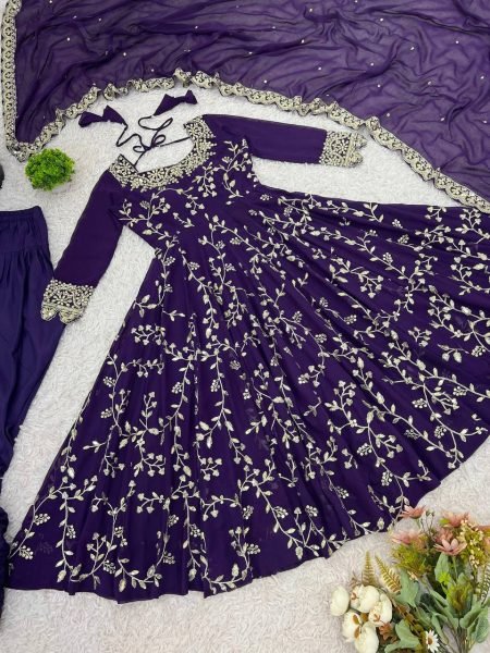 Purple Heavy Faux Georgette Embroidery and Lace Work Gown with Churidar Exclusive Festive Collection  Ready To Wear Collection