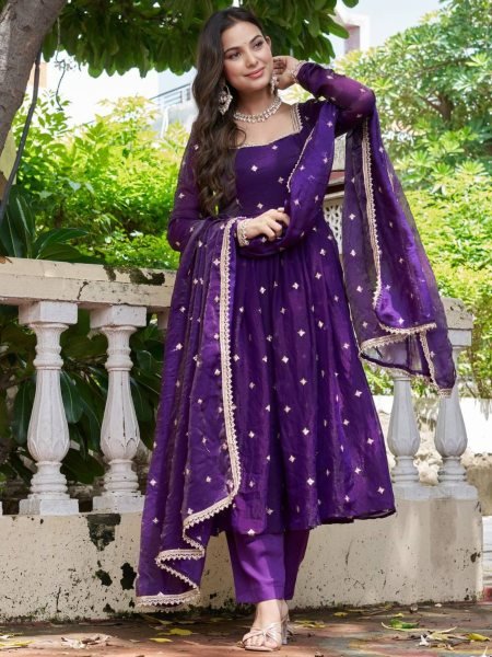 Purple Heavy Fendi Silk Embroidered Anarkali Suit Set  