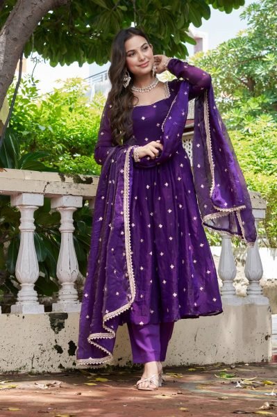 Purple Heavy Fendi Silk Embroidered Anarkali Suit Set  Ready To Wear Collection