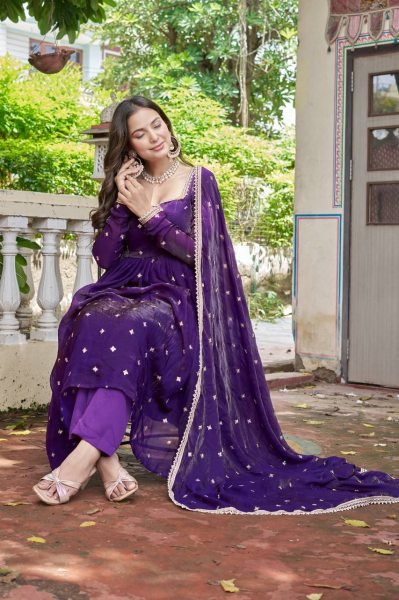 Purple Heavy Fendi Silk Embroidered Anarkali Suit Set  Ready To Wear Collection