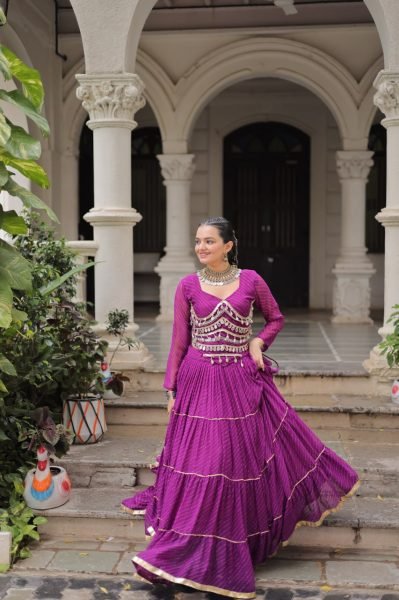 Purple Leheriya Lehenga with Stylish Blouse and Mirror Work Festive Glam Collection 2025 Navratri Lehnega Choli