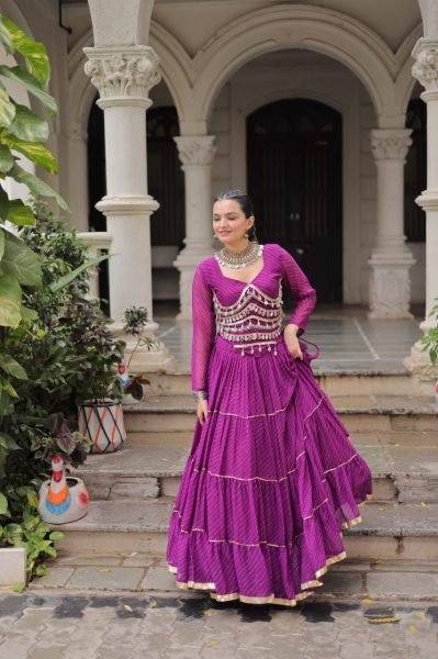 Purple Leheriya Lehenga with Stylish Blouse and Mirror Work Festive Glam Collection 2025 Navratri Lehnega Choli