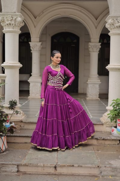 Purple Leheriya Lehenga with Stylish Blouse and Mirror Work Festive Glam Collection 2025 Navratri Lehnega Choli