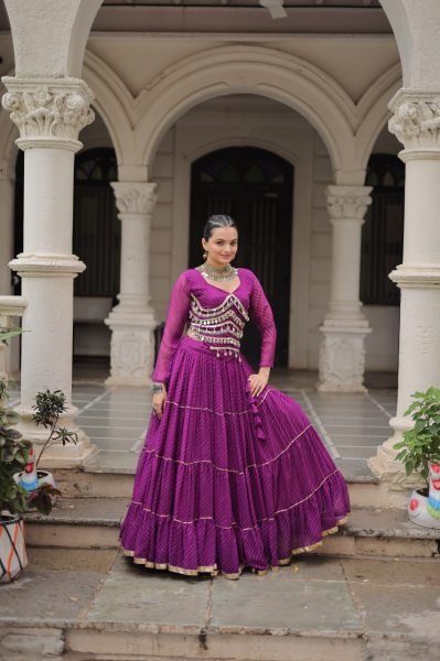 Purple Leheriya Lehenga with Stylish Blouse and Mirror Work Festive Glam Collection 2025 Navratri Lehnega Choli