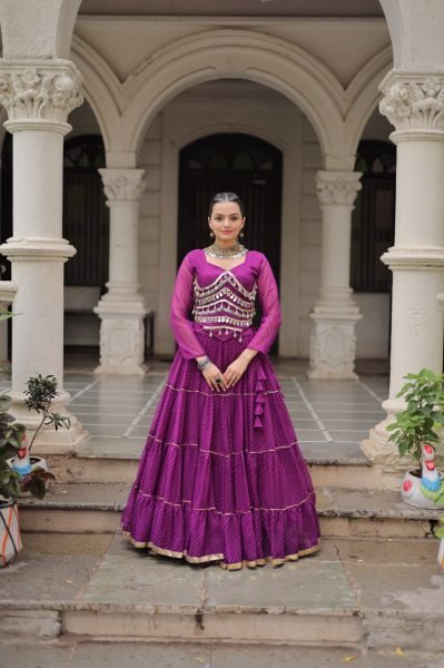 Purple Leheriya Lehenga with Stylish Blouse and Mirror Work Festive Glam Collection 2025 Navratri Lehnega Choli