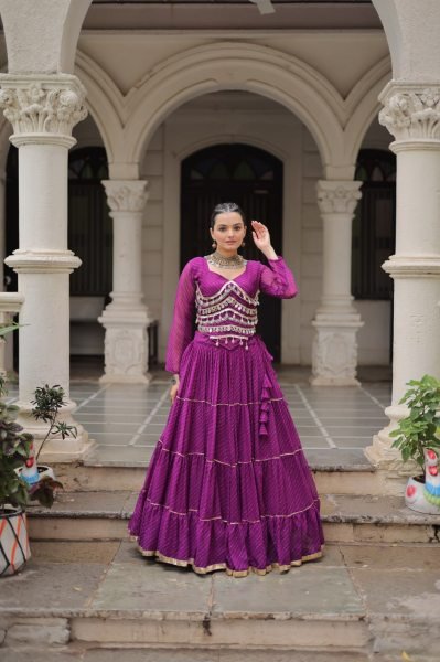 Purple Leheriya Lehenga with Stylish Blouse and Mirror Work Festive Glam Collection 2025 Navratri Lehnega Choli
