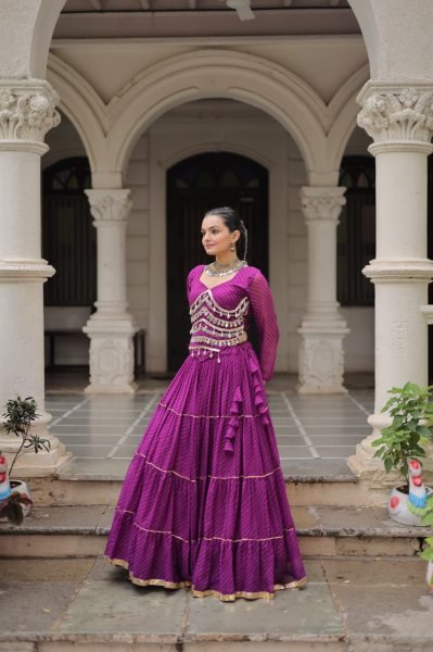 Purple Leheriya Lehenga with Stylish Blouse and Mirror Work Festive Glam Collection 2025 Navratri Lehnega Choli