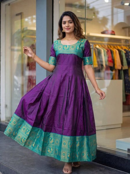 Purple Lichi Silk Jacquard Festive Gown with Dori Back Design for Party Wear Anarkali Kurtis 
