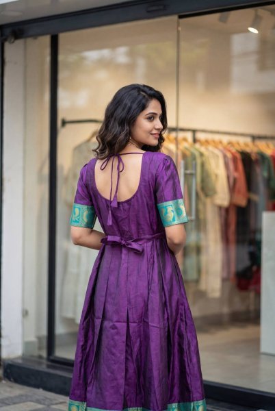Purple Lichi Silk Jacquard Festive Gown with Dori Back Design for Party Wear Anarkali Kurtis 
