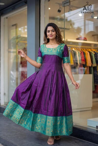 Purple Lichi Silk Jacquard Festive Gown with Dori Back Design for Party Wear Anarkali Kurtis 