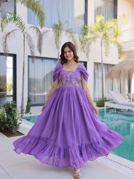 Purple Long Gown with Square Neck and Cap Sleeves For Special Occasions  Kurtis