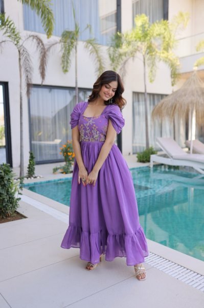 Purple Long Gown with Square Neck and Cap Sleeves For Special Occasions  Anarkali Kurtis 