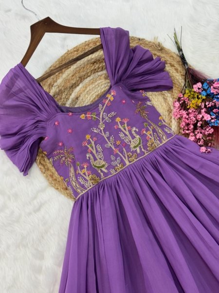 Purple Long Gown with Square Neck and Cap Sleeves For Special Occasions  Anarkali Kurtis 