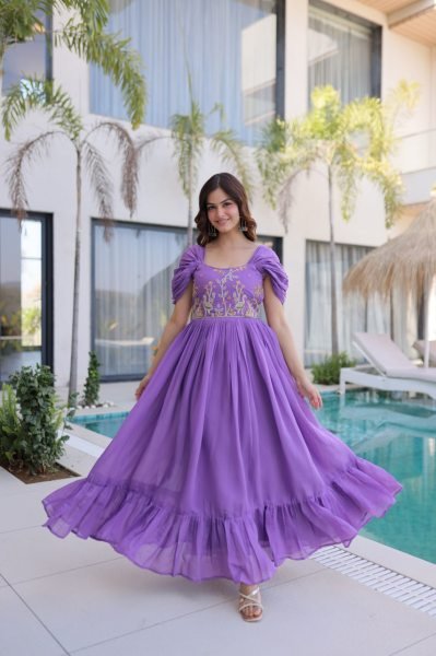 Purple Long Gown with Square Neck and Cap Sleeves For Special Occasions  Anarkali Kurtis 