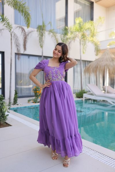 Purple Long Gown with Square Neck and Cap Sleeves For Special Occasions  Anarkali Kurtis 