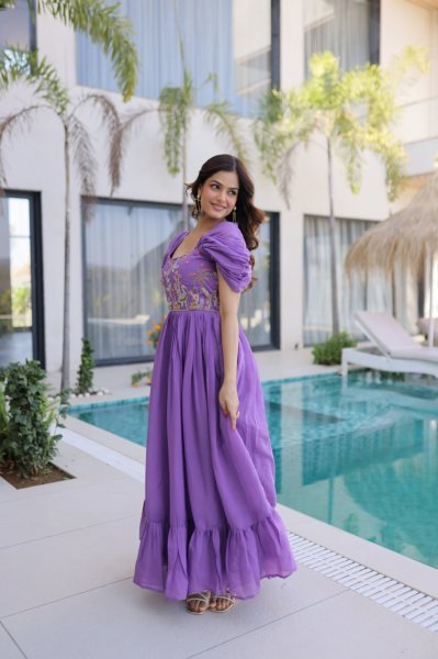 Purple Long Gown with Square Neck and Cap Sleeves For Special Occasions  Anarkali Kurtis 