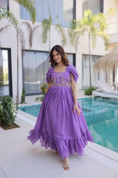 Purple Long Gown with Square Neck and Cap Sleeves For Special Occasions  Anarkali Kurtis 
