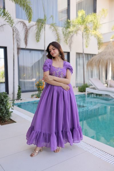 Purple Long Gown with Square Neck and Cap Sleeves For Special Occasions  Anarkali Kurtis 