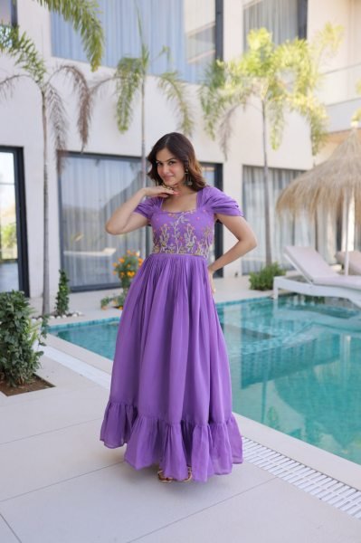 Purple Long Gown with Square Neck and Cap Sleeves For Special Occasions  Anarkali Kurtis 