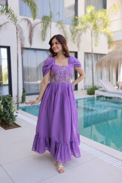 Purple Long Gown with Square Neck and Cap Sleeves For Special Occasions  Anarkali Kurtis 