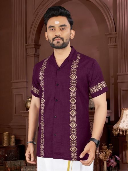 Purple Magic Cotton Foil Print Shirt with Matching Dhoti Perfect for Onam Wear  Mens Shirt