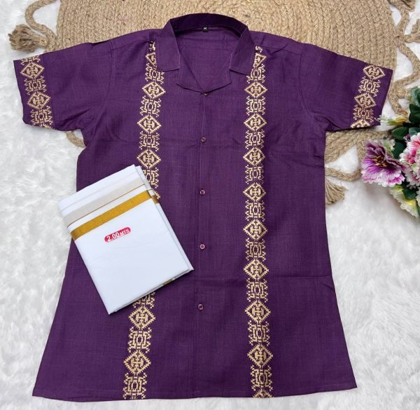 Purple Magic Cotton Foil Print Shirt with Matching Dhoti Perfect for Onam Wear  Mens Shirt