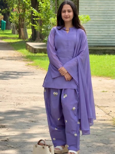 Purple Mal Chanderi Cotton Farshi Salwar Suit with Embroidery Work at Wholesale Rate Ready To Wear Collection