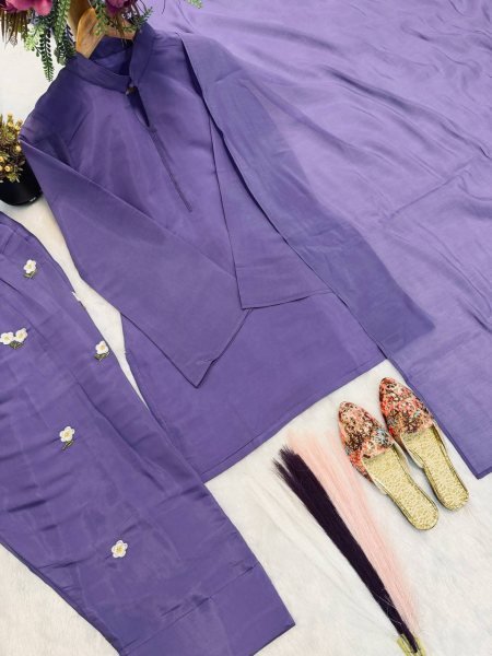 Purple Mal Chanderi Cotton Farshi Salwar Suit with Embroidery Work at Wholesale Rate Ready To Wear Collection