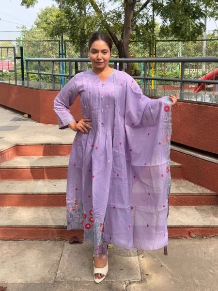 Purple Mul Chanderi Embroidered Suit with Straight Pant and Dupatta Kurtis