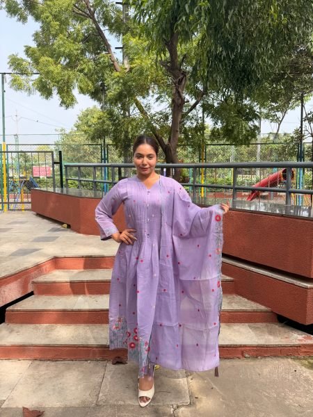 Purple Mul Chanderi Embroidered Suit with Straight Pant and Dupatta Embroidery Kurtis 